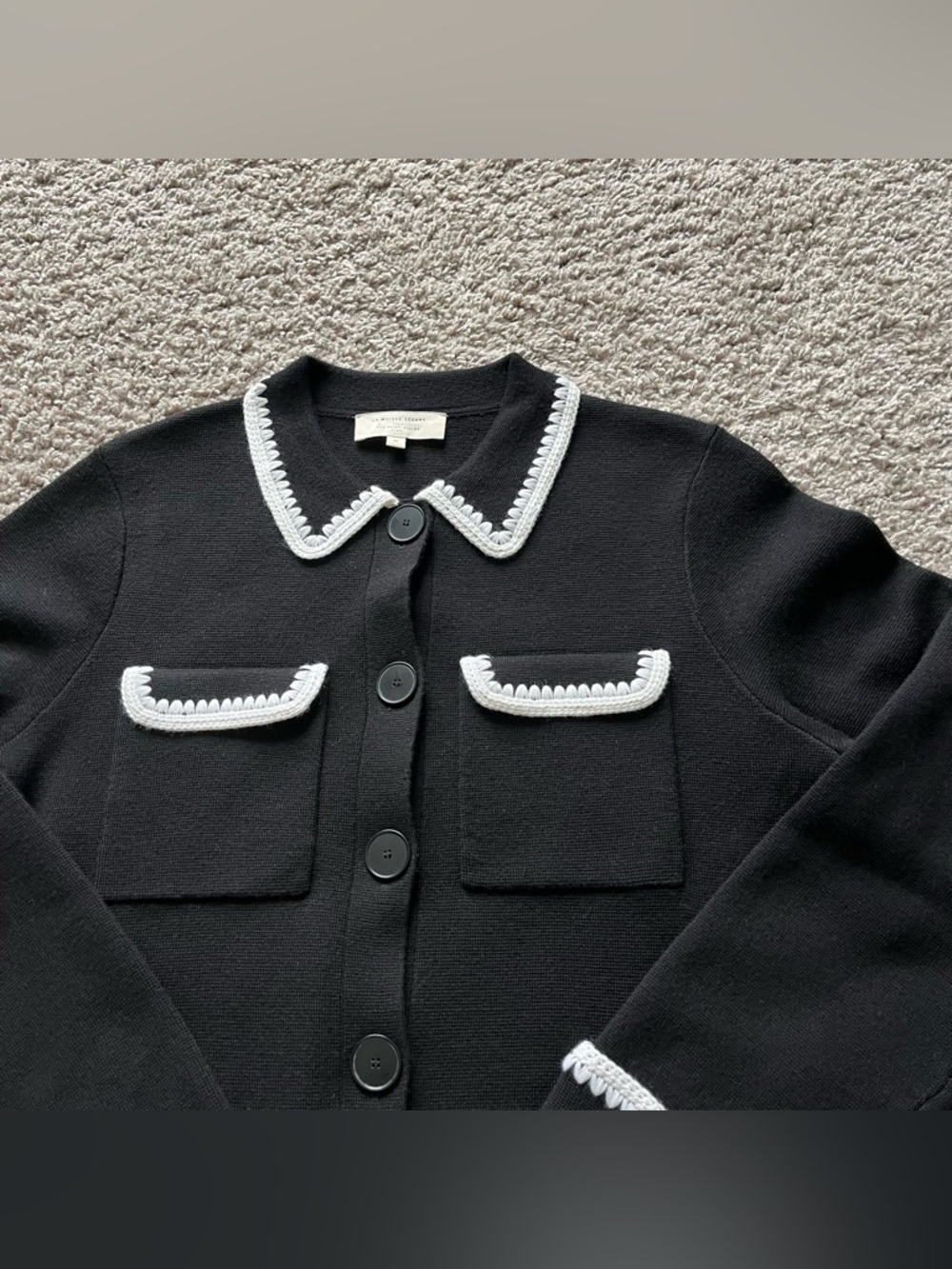 Women's Sezane Betty Cardigan in Black and Ecru Crochet size Medium 100% Merino - Picture 5 of 11